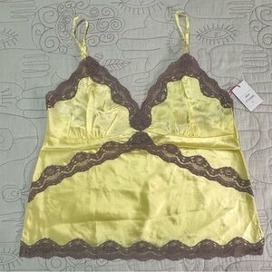 NEW Gold Hawk Silk Cami Sunshine Yellow w/ Brown Lace Sz L